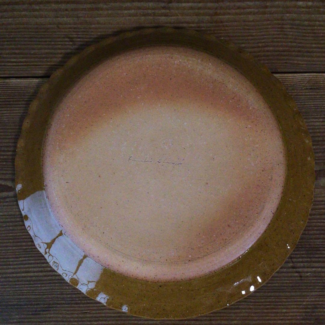 No4975 布志名焼 船木伸児 緑釉丸皿 共箱/栞付 島根県 民