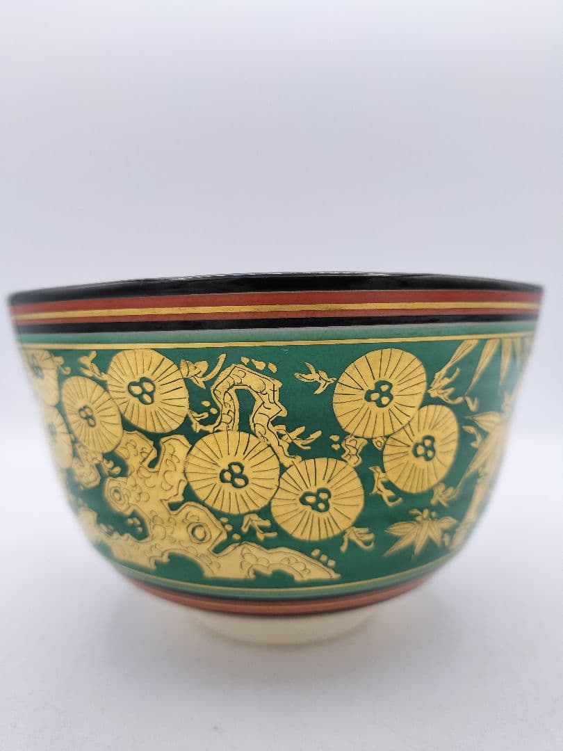 c483 茶碗 黒仁清 松竹梅 手塚充 木箱 茶道具 古物 c483 茶碗 黒仁清