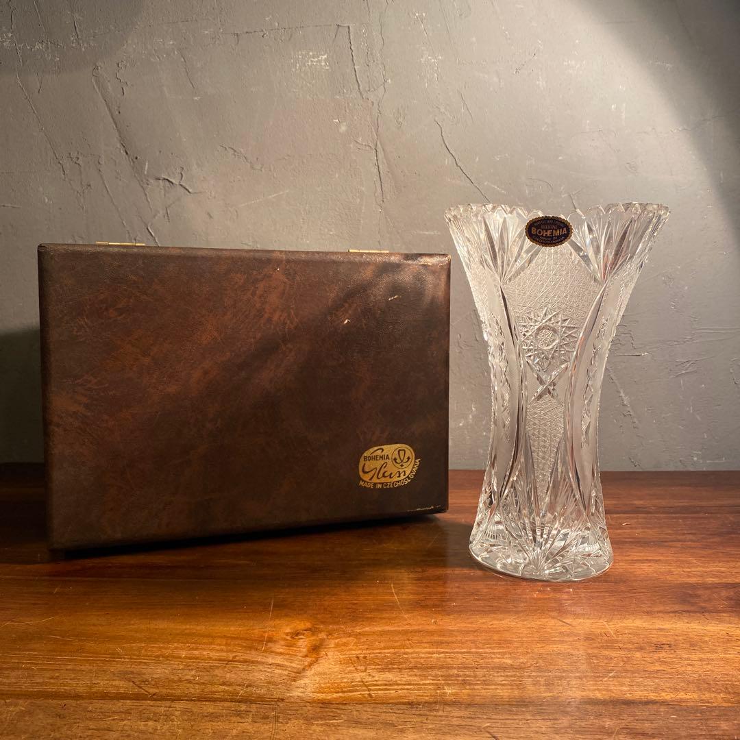 チェコスロバキア製 ボヘミアクリスタル フラワーベース 箱付き 25cm