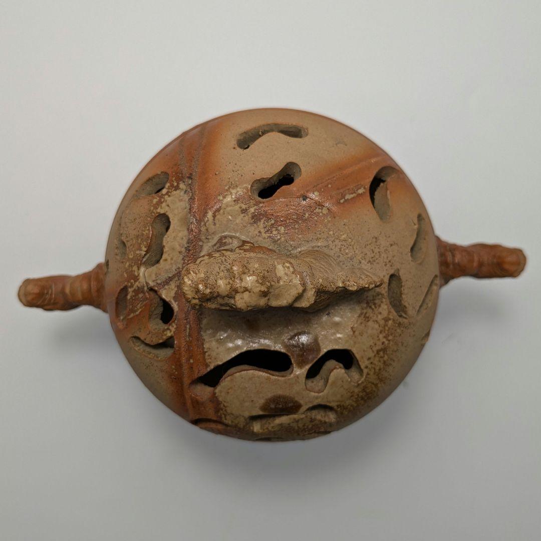 清麻呂窯 備前焼 龍摘緋襷双耳三足香炉 竜 獅子 香道具 茶道具 置物 在銘