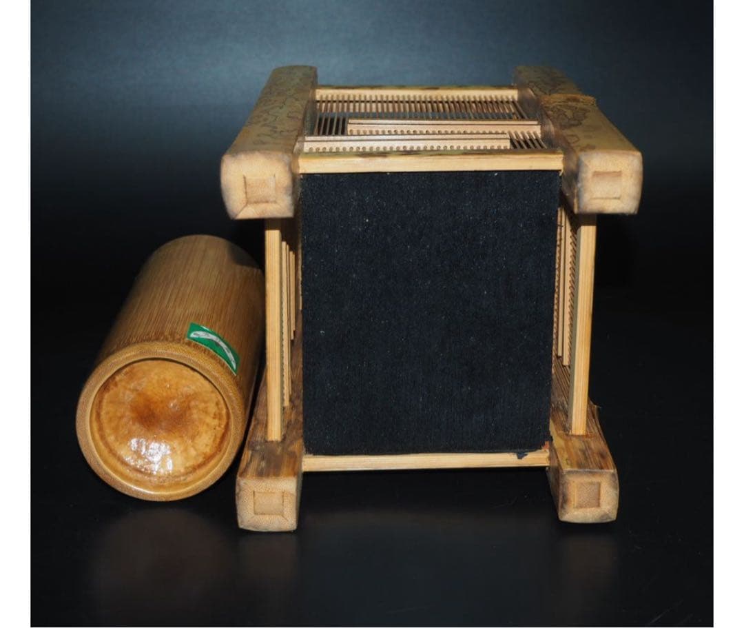 送料無料 竹細工 斑竹胡麻竹使用 四角花入れ 高24cm☆希少☆