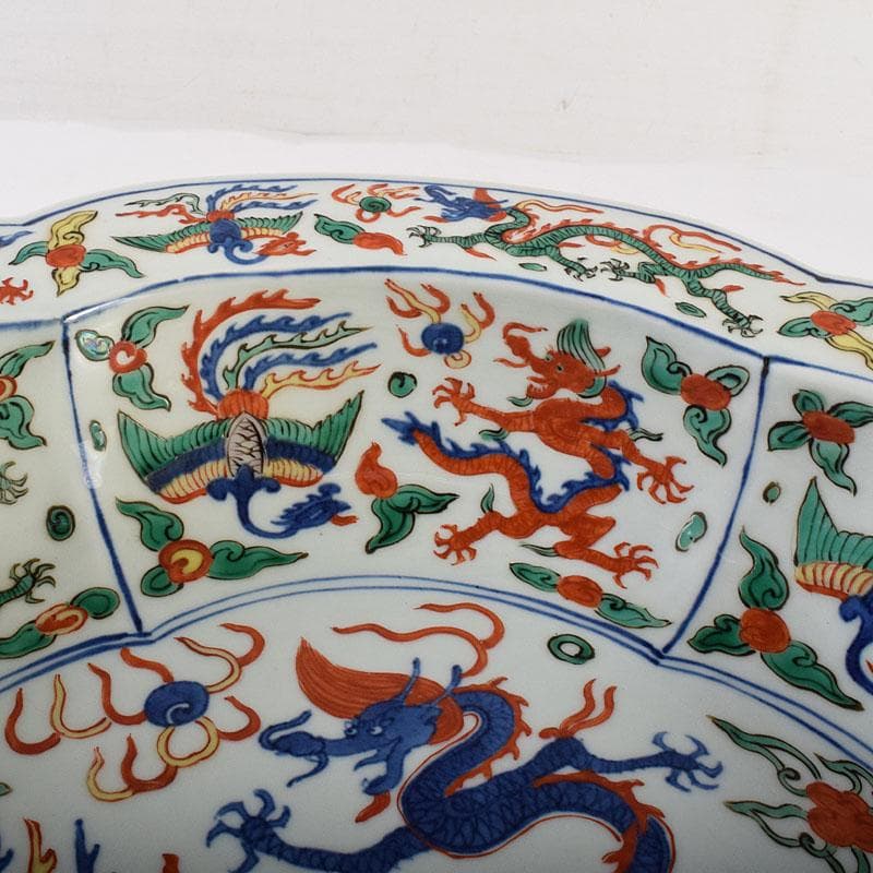 中国大明萬暦年製五彩龍鳳凰文輪花鉢大皿直径約40㎝VR7860C