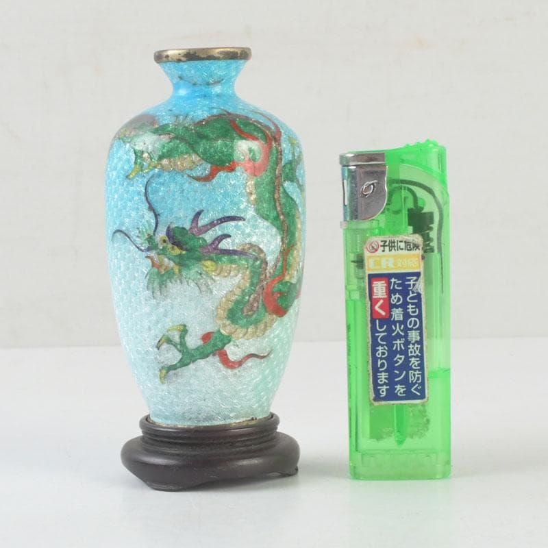 中国 古七宝琺瑯彩 龍文瓶 唐木台 時代箱付 V 9724