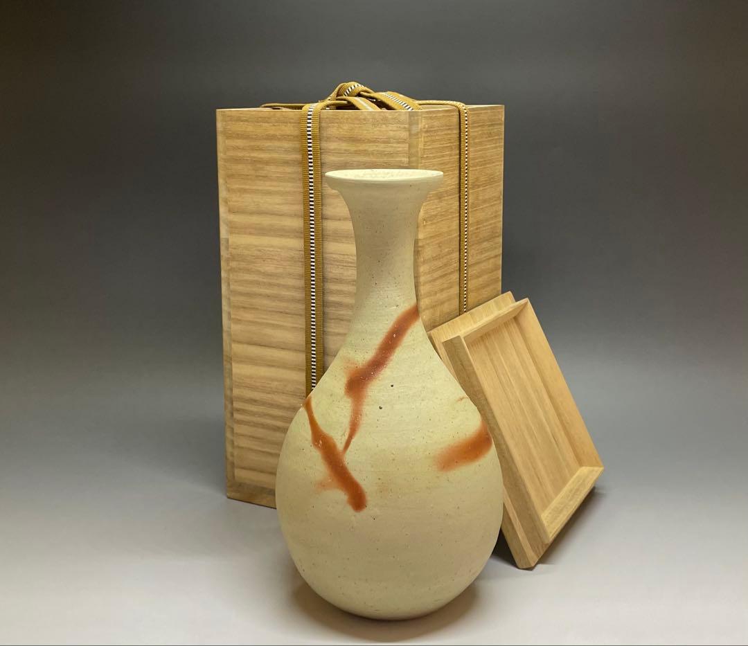 人間国宝 伊勢崎淳 緋襷花入 箱付(四方桟) U901