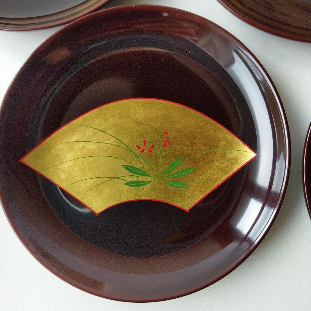 【未使用】漆　溜色　漆塗り　菓子皿　銘々皿　金箔　花柄　柄違い　５客　茶器