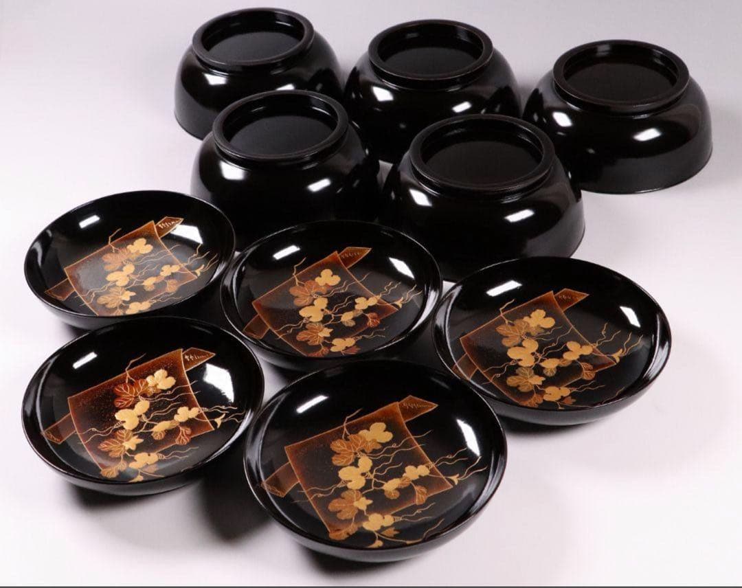 輪島塗 蔦金蒔絵 梨地 黒塗椀 五客 木製漆器 / 伝統工芸品 漆芸