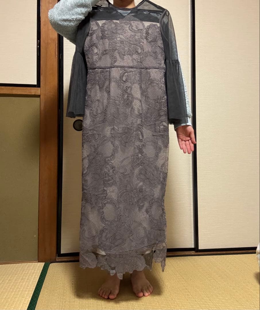 試着のみ】Leja シアー刺繍レースプリーツIラインロングワンピースドレス