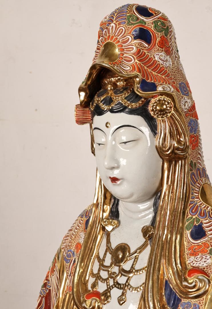 R　九谷焼　八幡窯　特大　色絵金彩観音菩薩像　置物　高90㎝　重さ15㎏