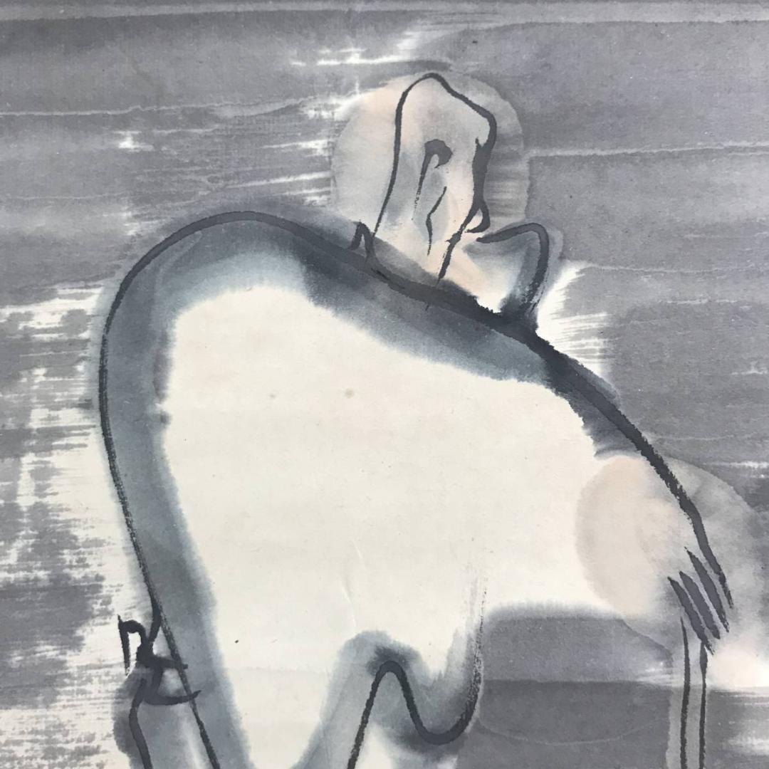 【真作】細木原青起/人物画賛/横物/掛軸/名家伝来/AC-743