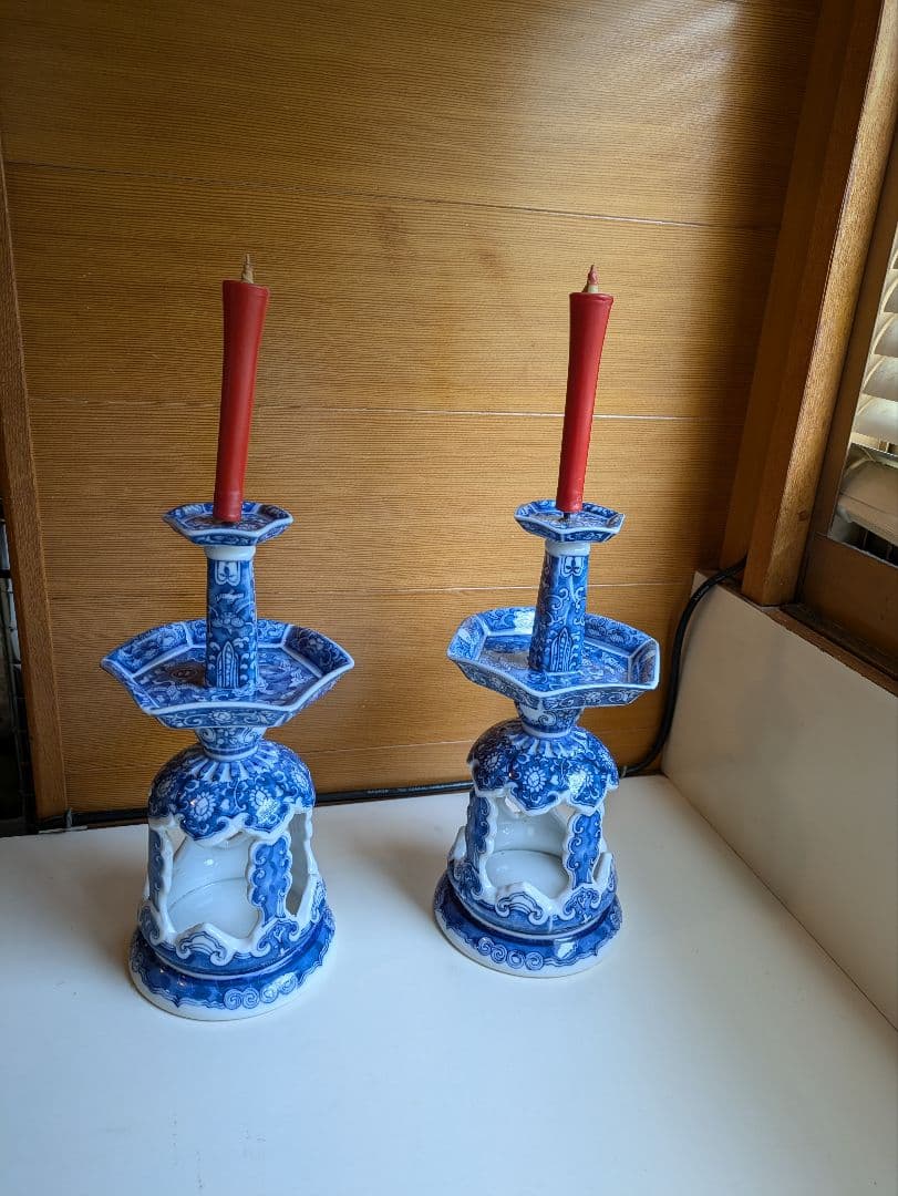 骨董 瑞雲翔鶴図 燭台 蝋燭台 舞鶴花文燭台 2つセット
