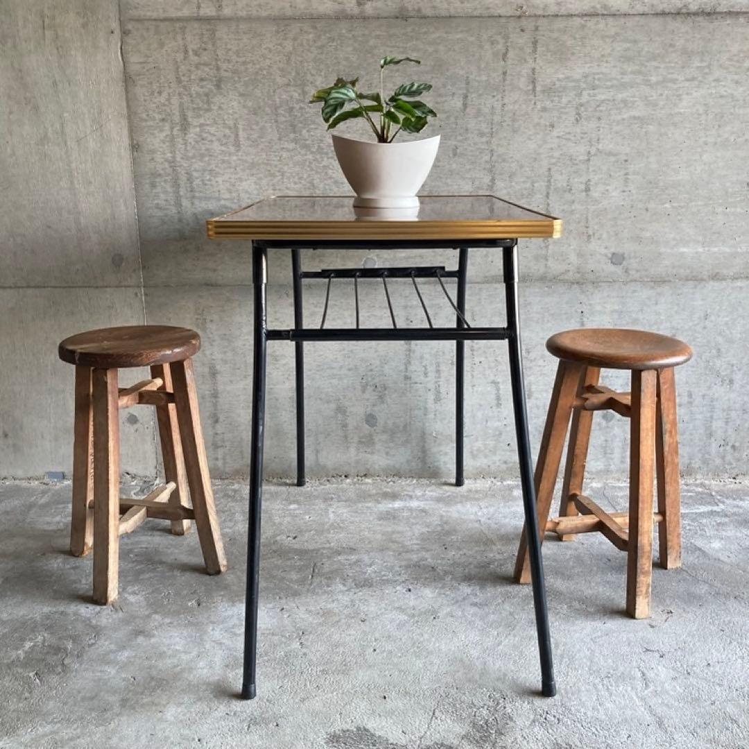 テーブル 机 折り畳み 鉄脚 作業机 食堂 木目調 棚付き 当時物 昭和
