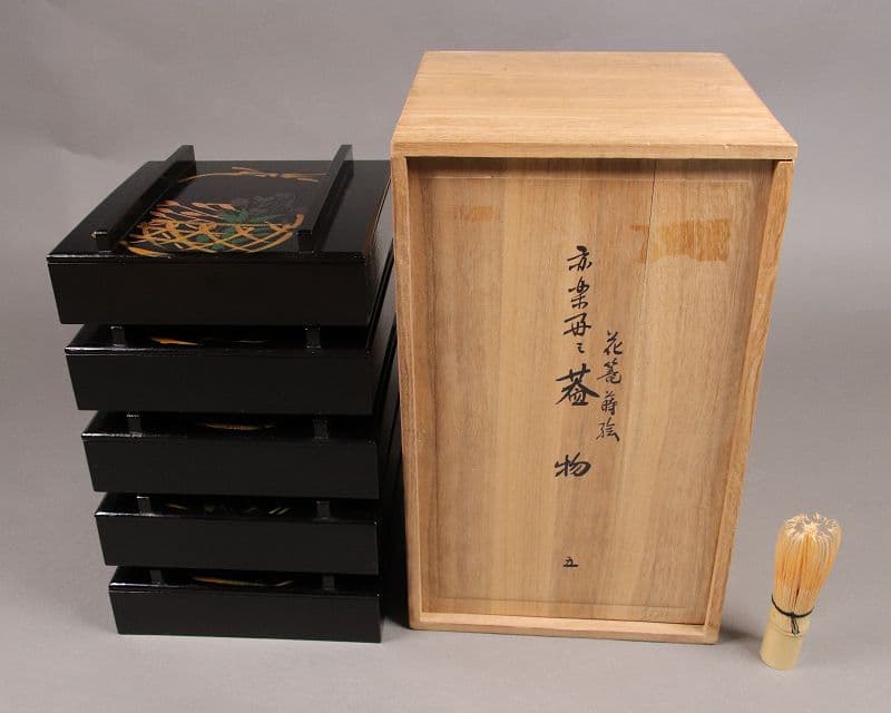 漆芸 山田平安堂 二代 呉藤友乗 花篭蒔絵 蓋物 五点 弁当箱 共箱 M837