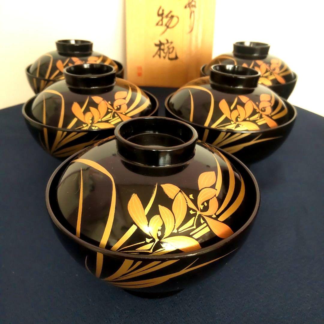 会津塗 特選 お椀 蓋付 金彩 蘭 5客 木箱付 漆器 伝統工芸