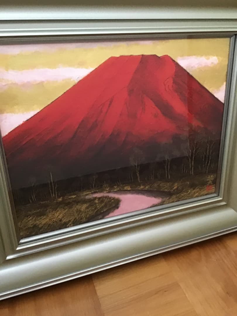 暁富士　桝田靖夫　日本画　6号　赤富士　風水