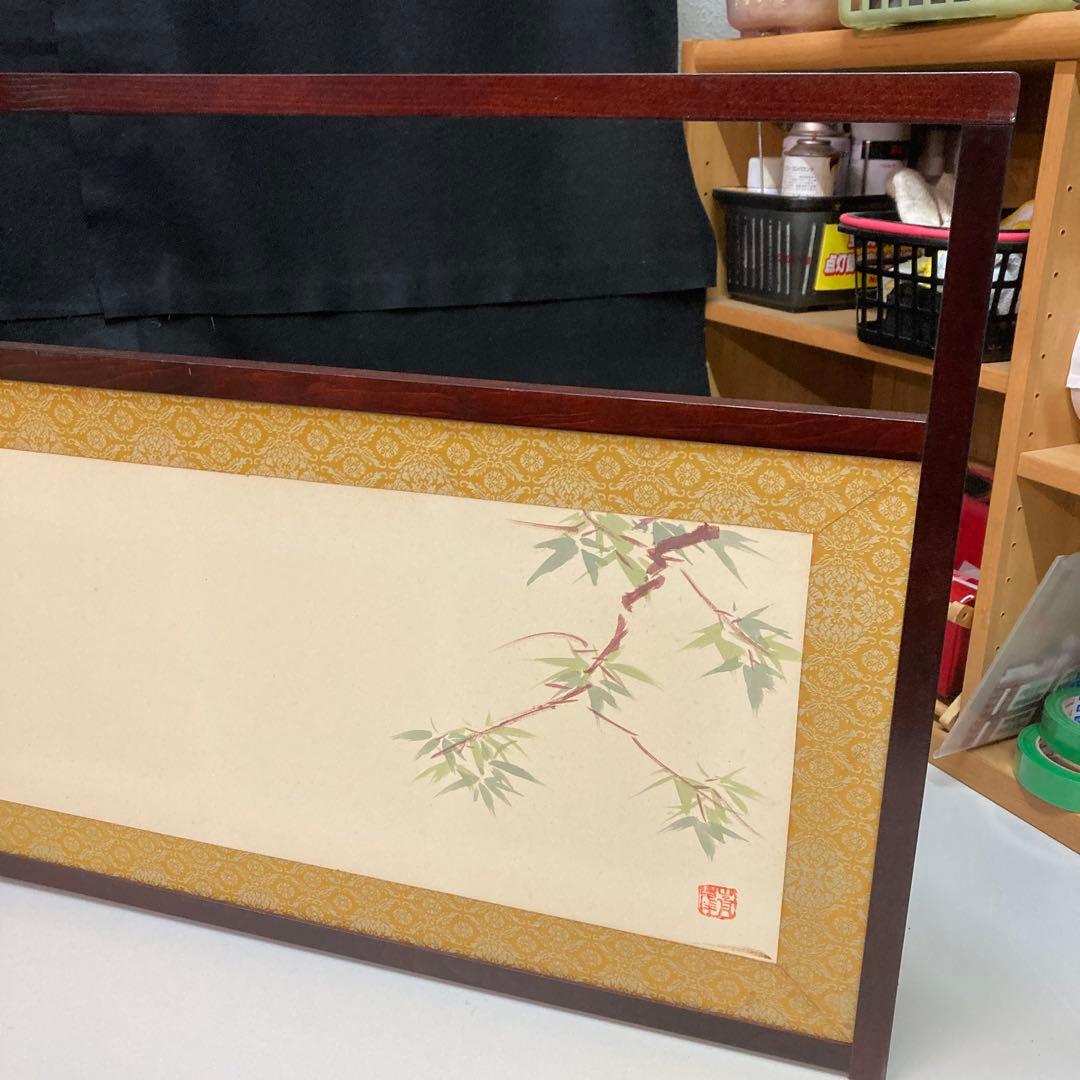 竹の絵柄 木製 茶道具 風炉先屏風 幅約87cm風炉先上透 裏白