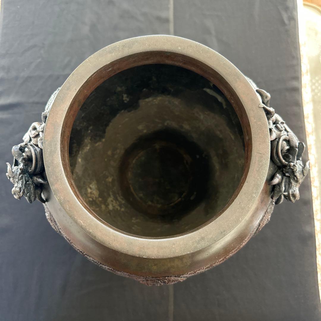 アンティーク 骨董品】真鍮製 銅製耳付き花瓶 龍 鳳凰 茶道具 銅鉄器