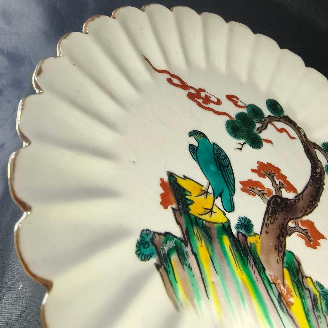 古九谷 中皿 角福 手描き 鷲風景文 口紅あり 江戸骨董 古美術 コレクター放出