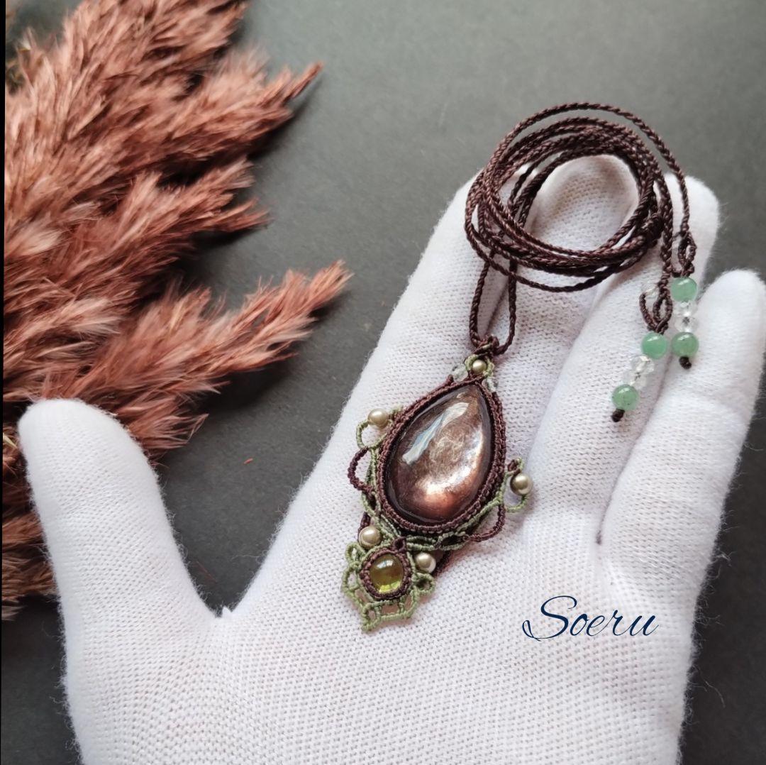 レピドライト＆ペリドットのマクラメ編みネックレス ペンダント 天然石