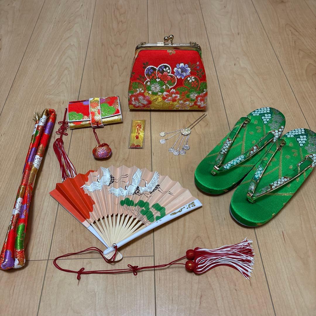 161 正絹　真紅×絞り　疋田　7歳 七五三着物フルセット　和装小物　袋帯