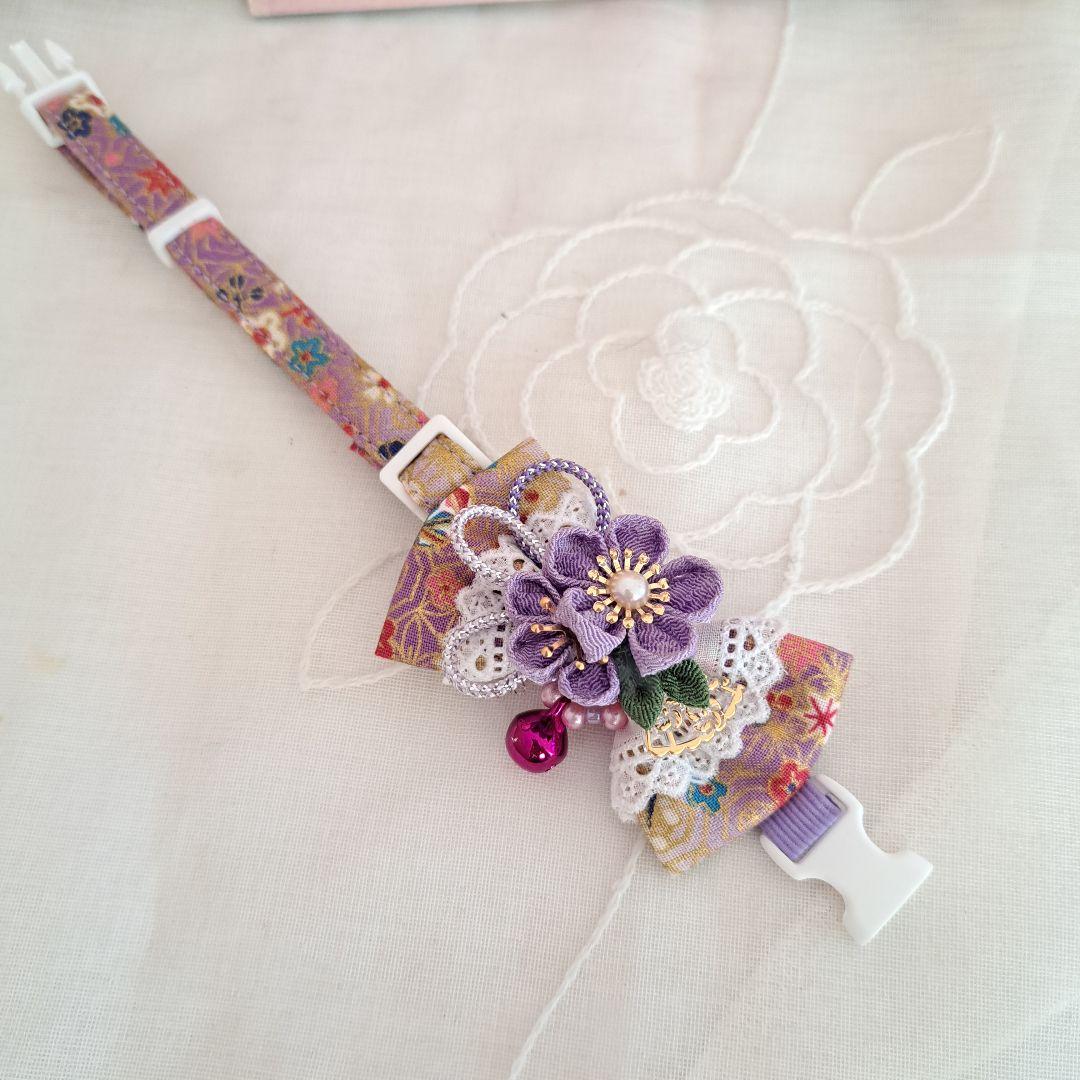 つまみ細工シングルリボン(薄紫)わんちゃん猫ちゃん用首輪 和風つまみ