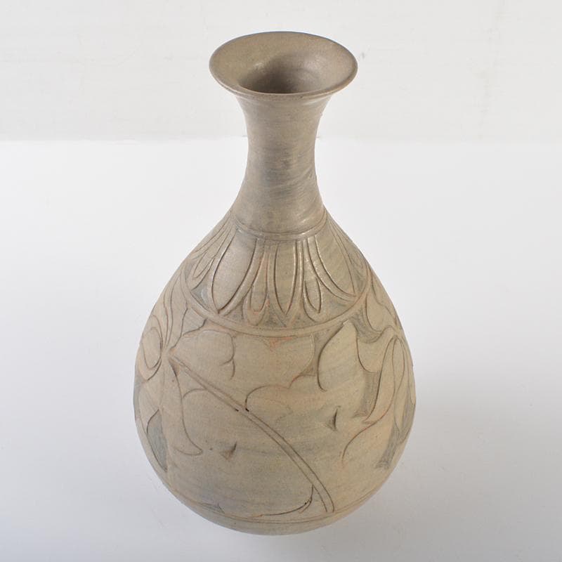 朝鮮美術 李朝 彫三島花草文瓶 時代箱付 V R6548B