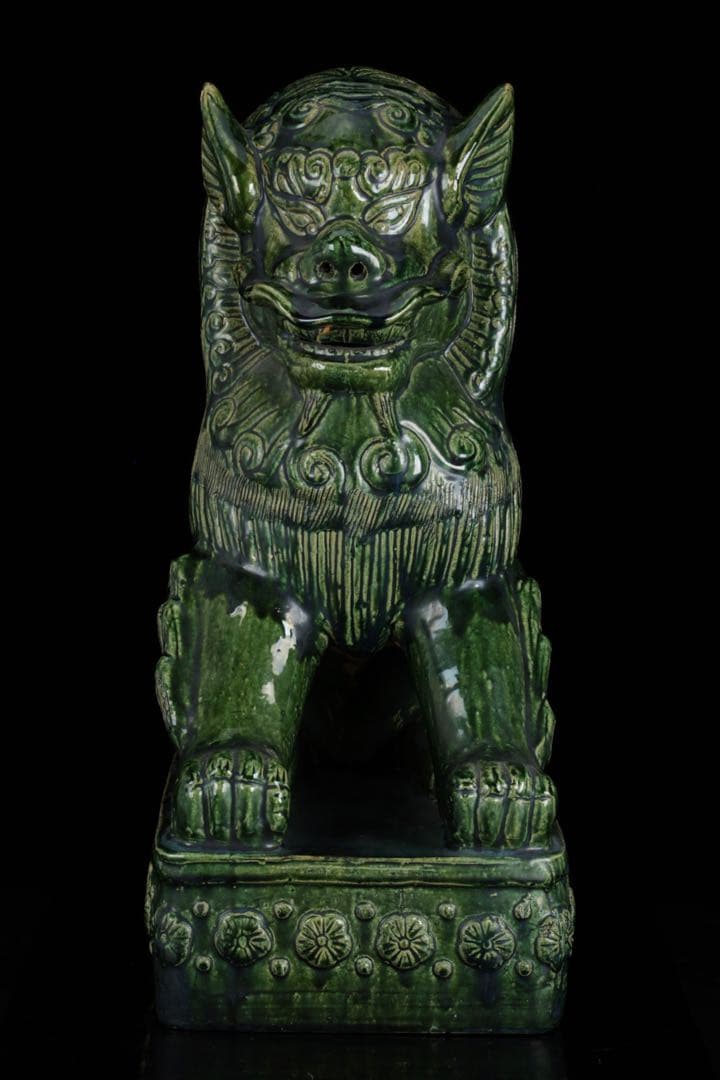 中国古玩 緑釉 獅子像 狛犬 フー犬 フードッグ 古陶磁器 大型62㎝ 古