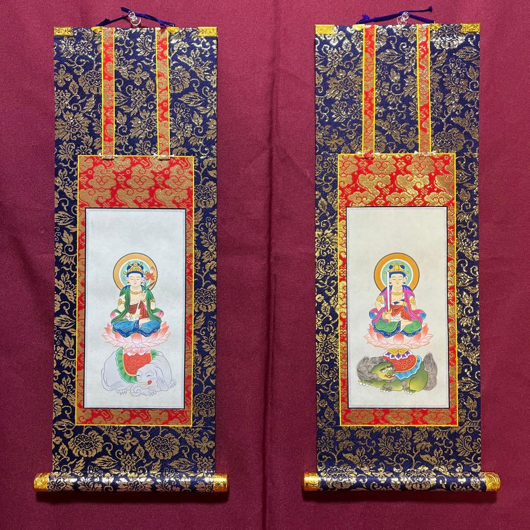 高級掛軸 文殊菩薩・普賢菩薩 絹本手描 本表装仕立 両脇70代 禅宗 高級掛軸 文殊菩薩・普賢菩薩 絹本手描 本表装仕立 両脇70
