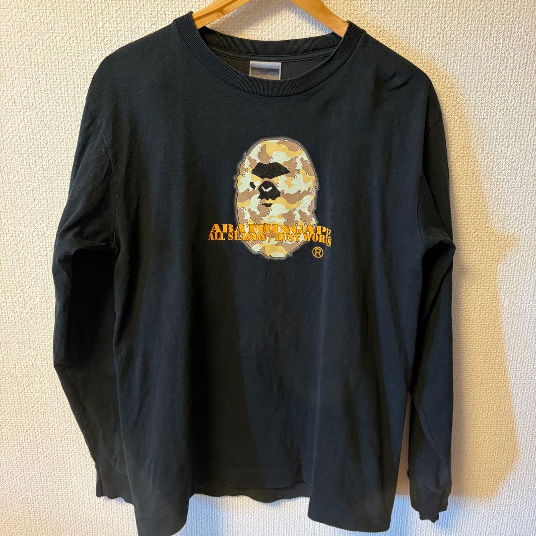 初期タグ A BATHING APE カモフラージュロゴ 黒ロングスリーブシャツ