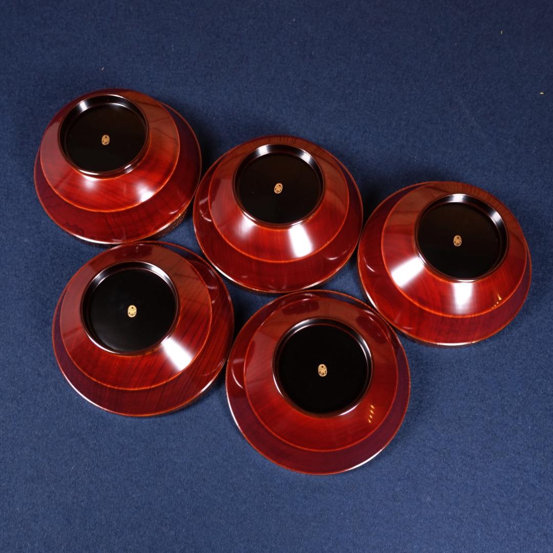 京漆匠 平安象彦 木地 内黒塗 波蒔絵 煮物椀 5客 共箱