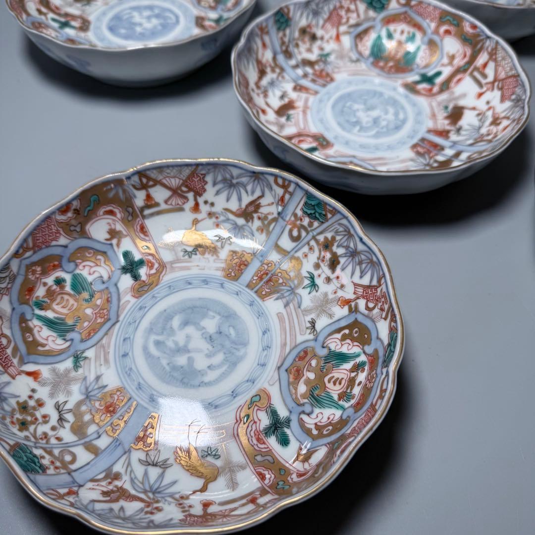 専用出品 幕末〜明治期 金蘭手 膾皿 五客 松竹梅 鶴 扇子 角冨印 上物