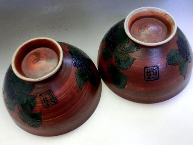 鉢■南京 古九谷 紫陽花絵 2客 古い菓子器 幾何学模様 (江戸後期～明治期)■