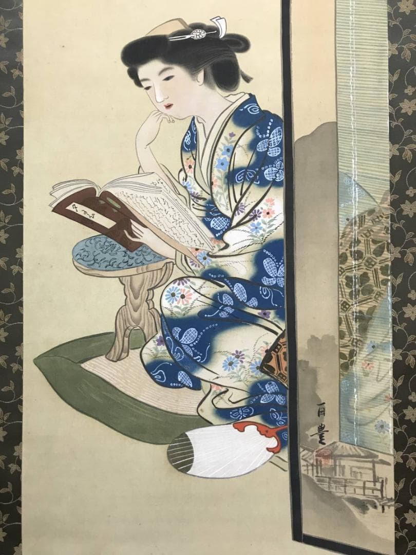 【真作】広田百豊/長月の女/美人図/美人画/掛軸/名家伝来/AC-153