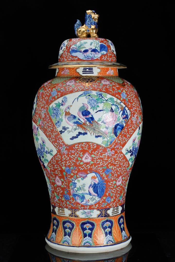 有田焼 龍右衛門 染錦窓絵花鳥図 沈香壺 飾壺 三段