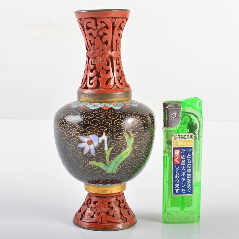 中国 古七宝 剔紅 堆朱 花文瓶 U R6247