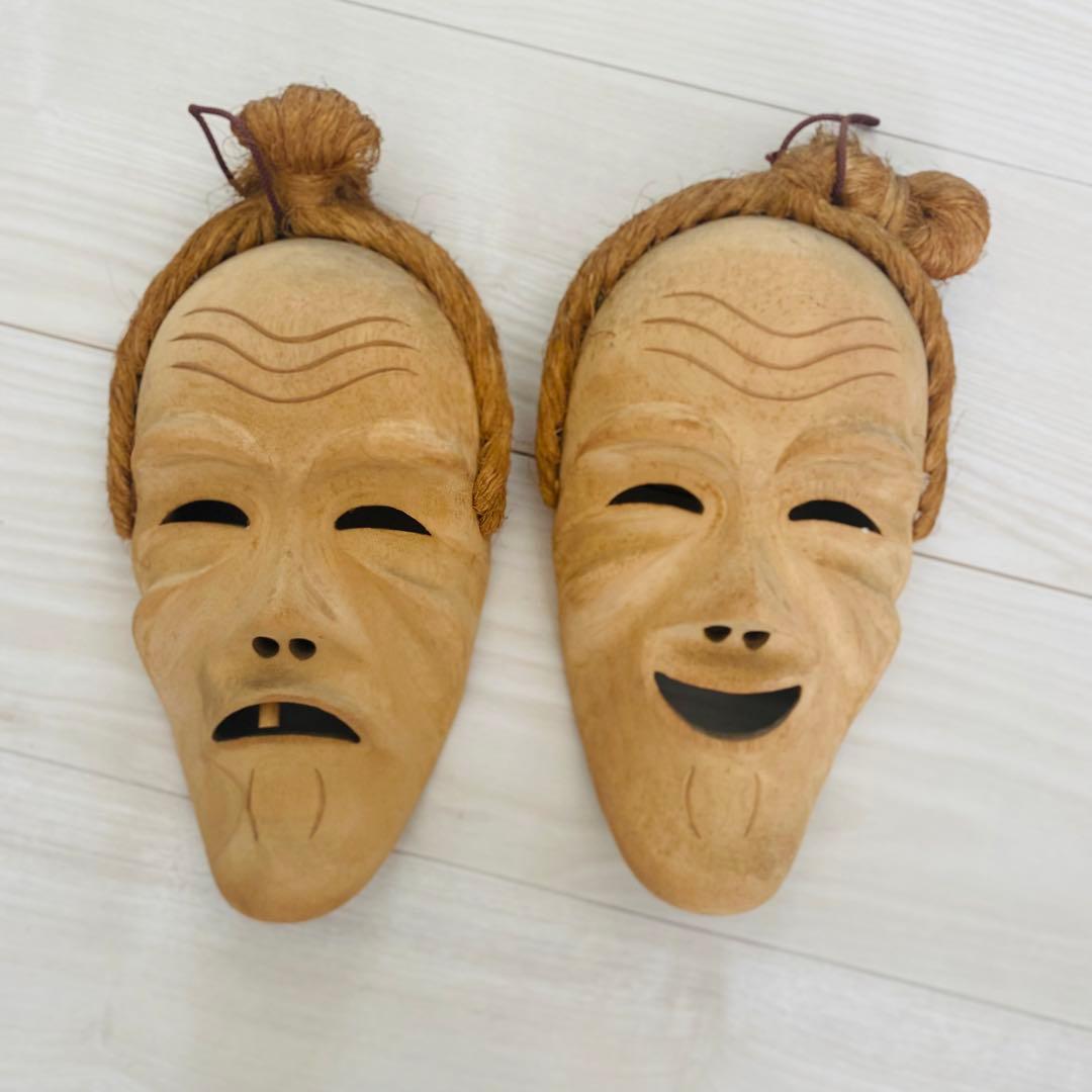木製 能面 笑顔と悲しみの表情 - メルカリ