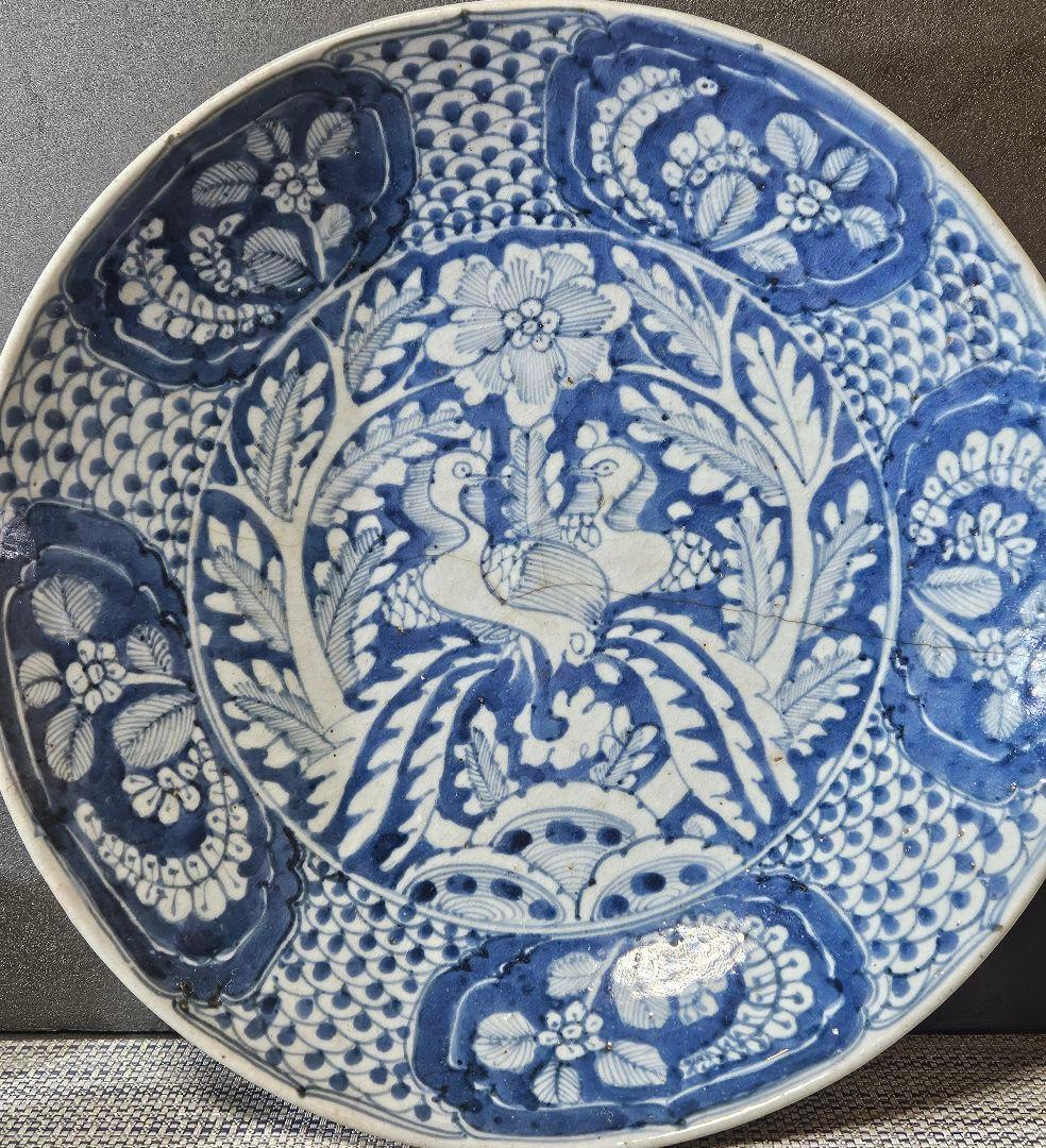 中国古陶磁 明代 17世紀前期 双鳳凰図 呉須鉢 古染付 大皿 大鉢33.3cm