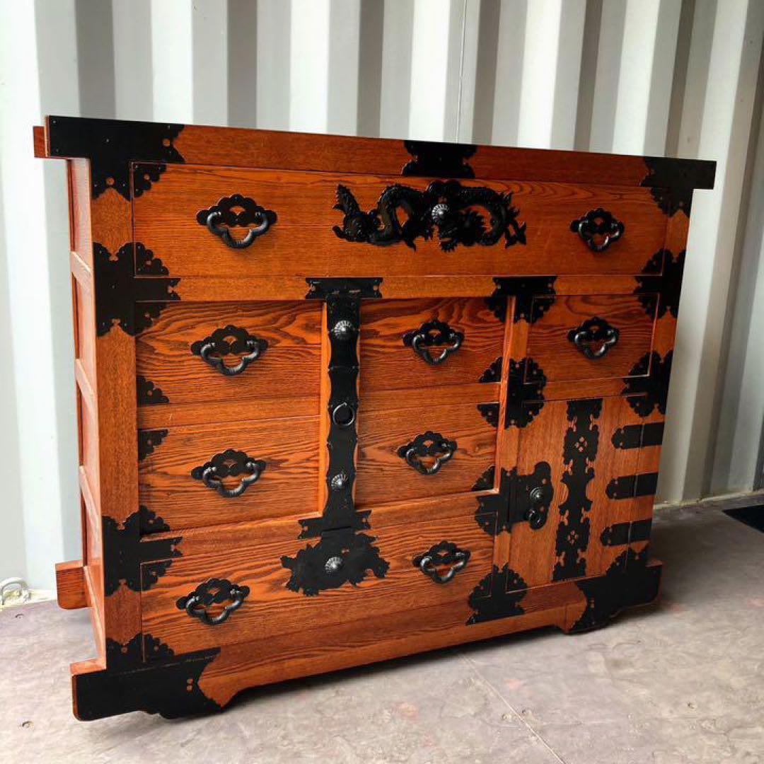 取付無料！民芸家具 楡(ニレ)材総無垢 和モダン アンティーク車箪笥 和