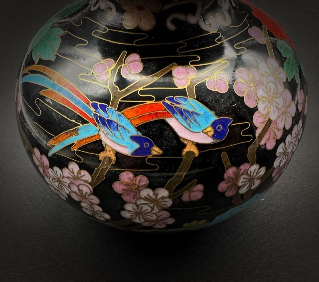 中國美術 古玩 景泰蓝 七宝焼 黒地花鳥蝶々紋様瓢箪 花器 京法造