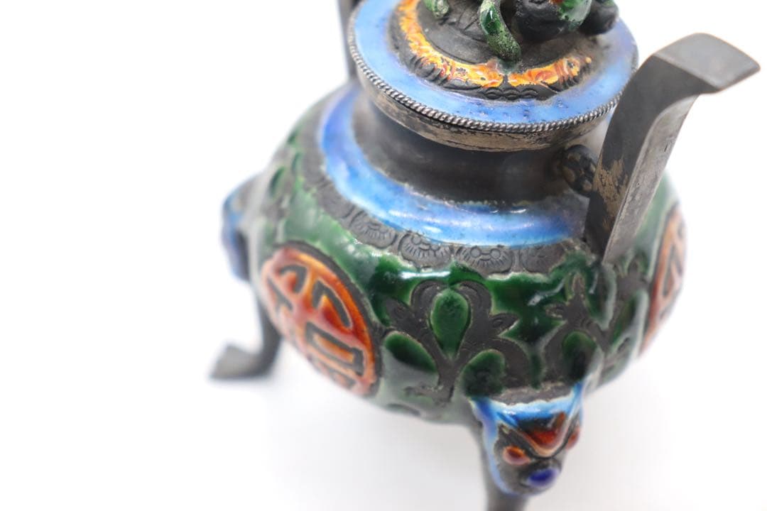 中国 清時代 福寿 銀製七宝焼獣足香炉 木箱入 送料込み250509 Moth