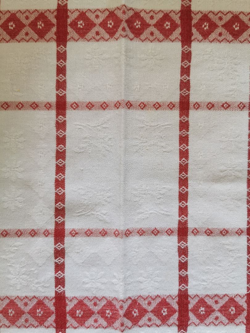 アンティークフランス ダマスク織レッドリネンクロス 花とダイヤ