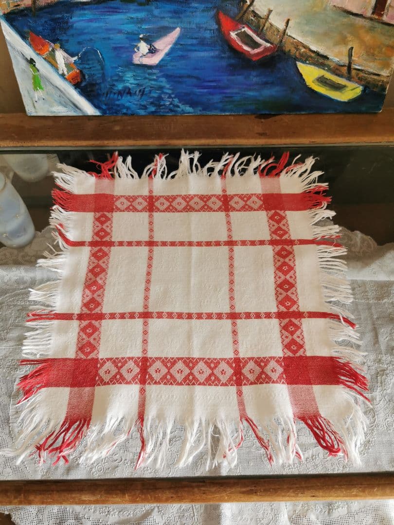 アンティークフランス ダマスク織レッドリネンクロス 花とダイヤ