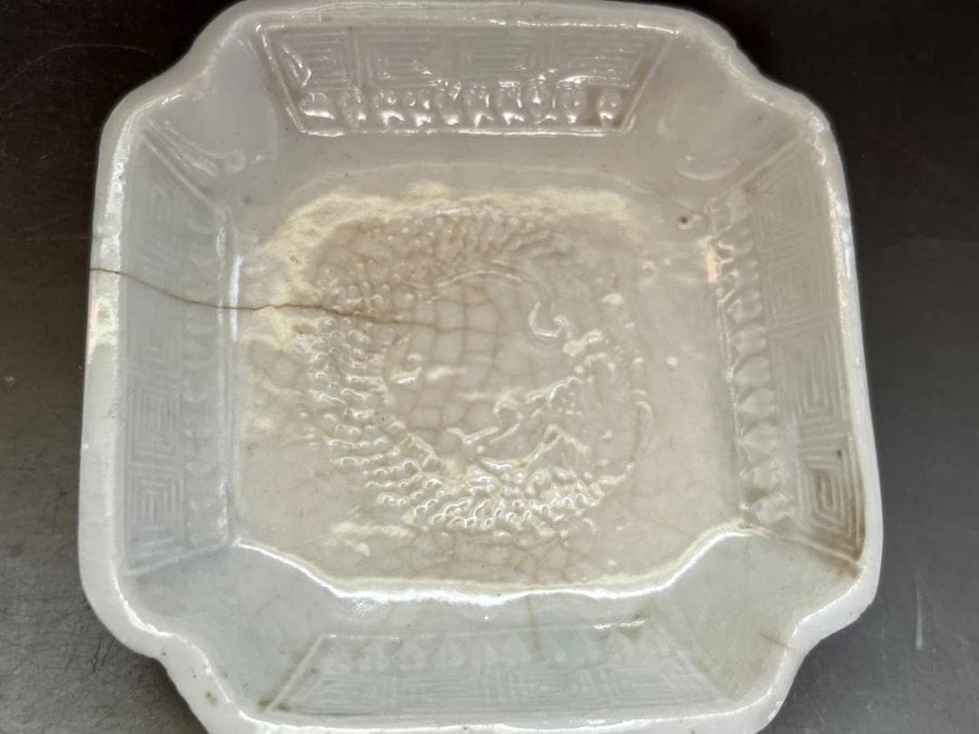 小皿□出石焼（江戸～明治）古い白磁四方皿角皿 7枚 龍 傷有 時代物