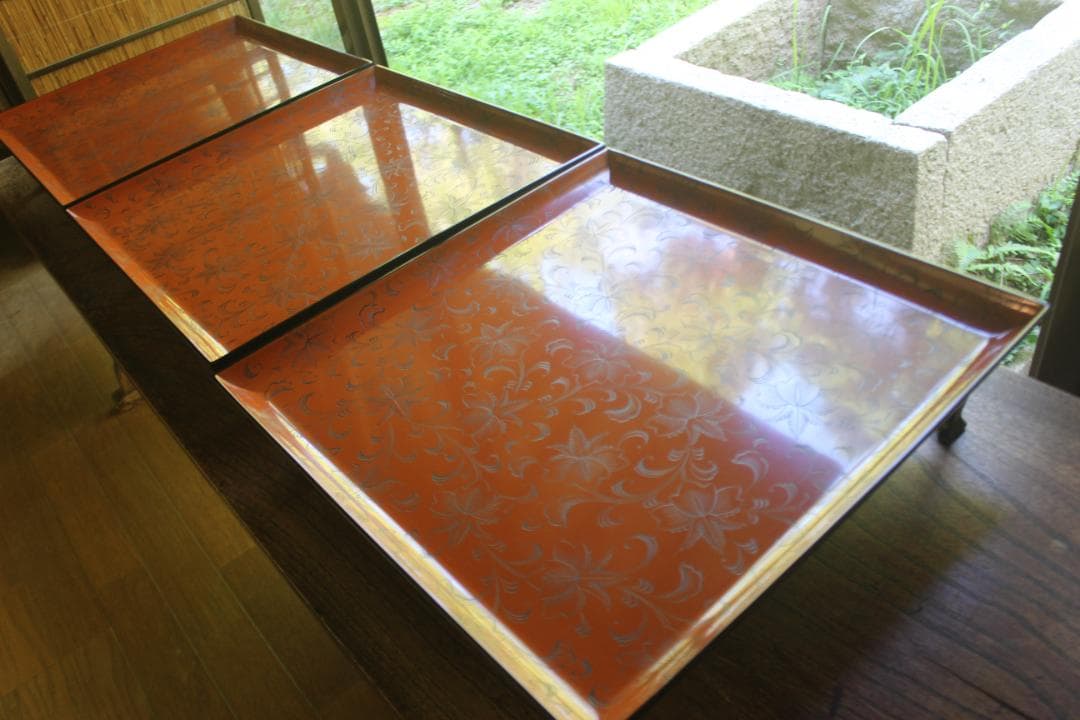 デッドストック！前大峰作！極上沈黒草文の脚付四方膳3点（検輪島塗お膳お盆茶道具