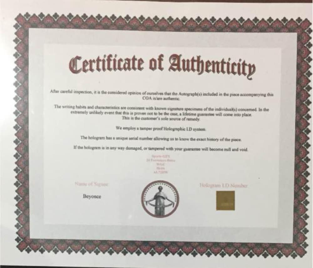 本物☆鑑定書付き☆ビヨンセ Beyoncé 直筆サイン！！！激レア 早い者