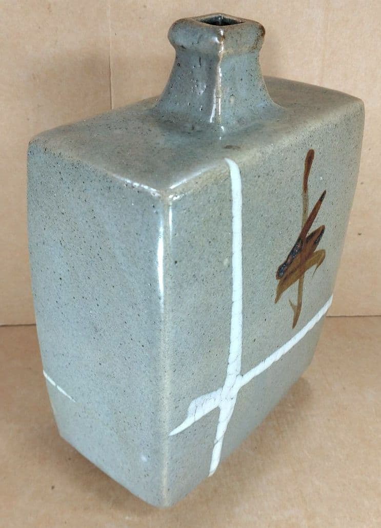 【本物保証】濱田庄司 鉄絵白十字掛扁壷 共箱 毎日オークション出品物 人間国宝