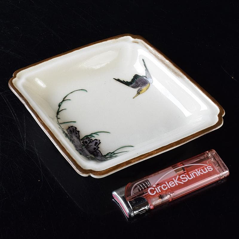 九谷焼　色絵　鳥草文　菱形中皿　五客　時代箱付　M　R8296