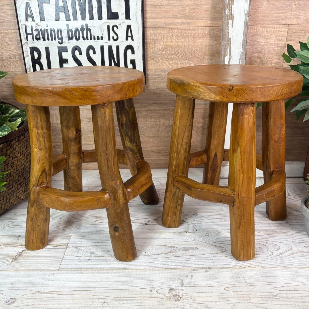 オールドチーク天然無垢極太丸木脚丸スツールM二脚セット木製天然無垢椅子花台チェア