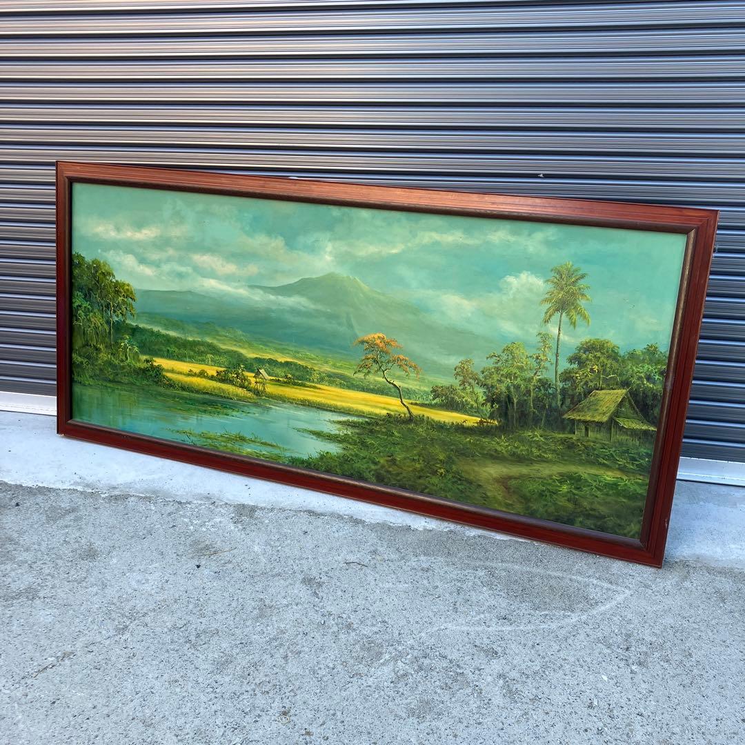 超大型 バリ島 山脈 川 風景画 油彩画 油絵 木製額縁 額装 絵画 壁掛け