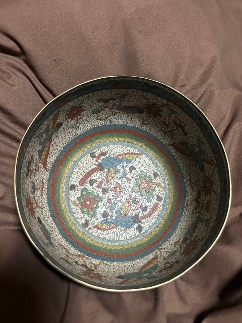 中国　明時代　花鳥文七宝　銅製　鉢　水指