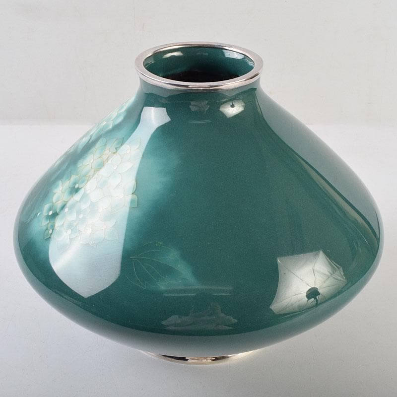 七宝焼 安藤七宝店 純銀刻印 紫陽花文 花瓶 時代箱付 U R9192B